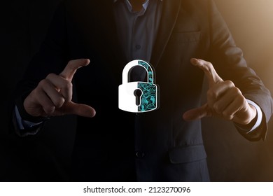 Cyber security network. Padlock icon and internet technology networking. Businessman protecting data personal information,virtual interface. Data protection privacy concept. GDPR. EU.digital crime. - Shutterstock ID 2123270096