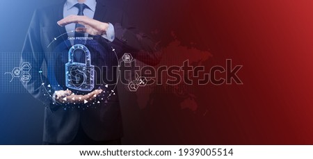 Cyber security network. Padlock icon and internet technology networking. Businessman protecting data personal information on tablet and virtual interface. Data protection privacy concept. GDPR. EU.