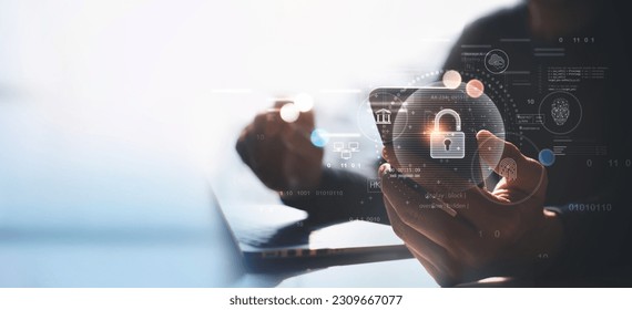 Cyber security network, personal data protection concept. Man using mobile phone for digital banking with padlock and biometric identity, fingerprint anf face scanning, mobile banking app