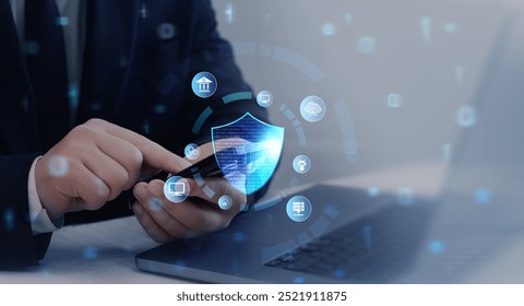 Cyber security network protection concept. Protecting herself from cyber attacks and personal data.Portection data access.Secure access and encrypted connection.