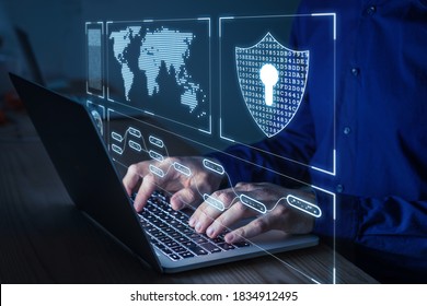 Cybersicherheit und Netzwerkschutz: Experte für Cybersicherheit arbeiten am sicheren Internet, um Server vor Cyberkriminalität zu schützen. Person, die spät nachts auf der Computertastatur tippt
