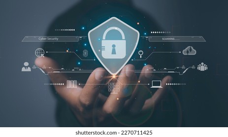 Cyber security and network protection with cybersecurity expert working. Lock icon and internet network security technology on secure access to protect server against cybercrime.