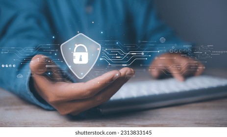 Cyber security and network protection with cybersecurity expert working. Lock icon and internet network security technology on secure access to protect server against cybercrime. - Powered by Shutterstock