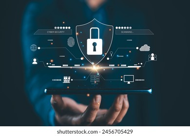 Cyber security and network protection with cybersecurity expert working. Lock icon and internet network security technology on secure access to protect server against cybercrime. - Powered by Shutterstock