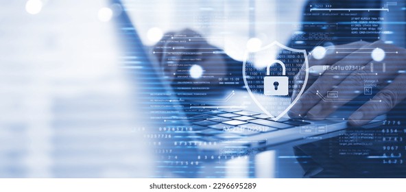 Cyber security network system, data protection concept. Businessman using laptop computer with digital padlock, data encryption technology, cybersecurity Internet access