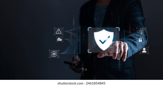 Cyber security network,Data protection privacy concept.Businessman show protecting data personal information with virtual screen interface on internet technology networking connection.