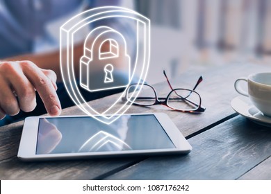Cyber security on internet concept with 3d padlock and shield, protect personal data and privacy from cyberattack and hacker, secure access on digital tablet computer