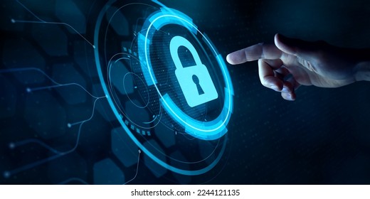 Cyber security and online data protection on internet. Finger touching HUD holographic secure access system interface with lock icon. Cybersecurity, privacy, network technology. Encrypted data vault. - Powered by Shutterstock