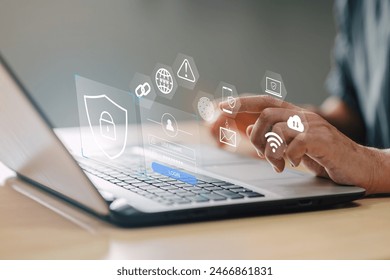 Cyber security and online data protection on internet of thing. Firewall shield secure access system with lock icon. Cybersecurity, privacy and login and password verification authentication.