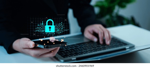 Cyber security with padlock screen on smartphone concept, user privacy security and encryption, secure internet access future technology and cybernetics, artificial intelligence (AI) technology.