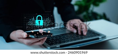 Cyber security with padlock screen on smartphone concept, user privacy security and encryption, secure internet access future technology and cybernetics, artificial intelligence (AI) technology.