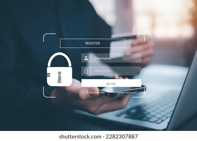 Cyber security and Security password login online concept  Hands typing and entering username and password of social media, log in with smartphone to an online bank account, data protection hacker - Shutterstock ID 2282307887