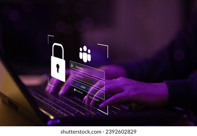 Cyber security and Security password login online concept  Hands typing and entering username and password of social media, log in with smartphone to an online bank account, data protection hacker - Shutterstock ID 2392602829