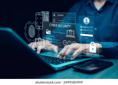 Cyber security and Security password login online concept  Hands typing and entering username and password of social media, logging in with smartphone to an online bank account, data protection hacker