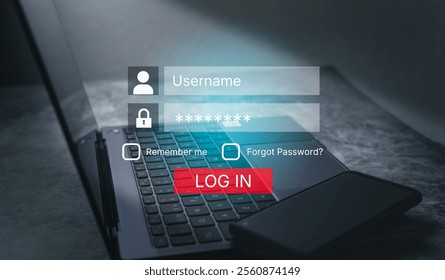 Cyber security password login online concept. Username and password for social media or website. Online bank account.