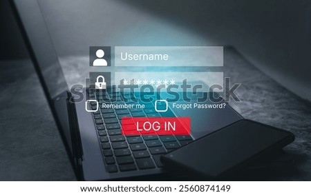 Cyber security password login online concept. Username and password for social media or website. Online bank account.
