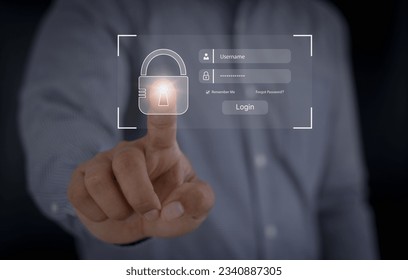 Cyber security, Person entering credentials to log in with Finger touching lock icon. Password and username login page secure access on internet. Online user authentication sign-in, data protection.