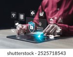 Cyber security, Personal data protection concept, Women touch with tablets fingerprint Security password login, login online, Banking account, Document data, Smart home security, Theft Protection