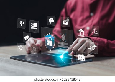 Cyber security, Personal data protection concept, Women touch with tablets fingerprint Security password login, login online, Banking account, Document data, Smart home security, Theft Protection