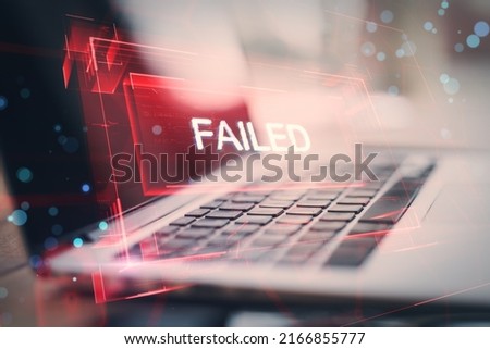 Cyber security or personal data protection concept with digital red glowing failed sign in virtual glowing frame on modern laptop background, double exposure