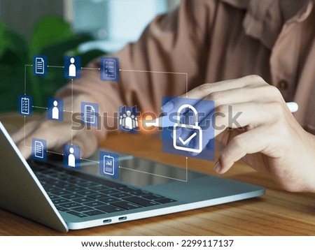 cyber security privacy Access to user permissions data files to access the document file management in the database with safety technology padlock with check mark
