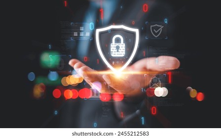 Cyber security privacy concept. Lock icon and internet network secure technology to protect data information. Businessman show person data info protection on smartphone, virtual screen network tech