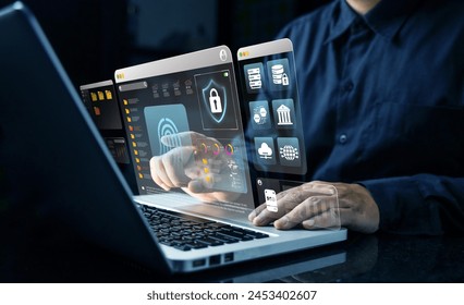 Cyber security and privacy concept to protect data Lock icon and internet network security technology Businessman protects personal information on smartphone virtual screen interface. - Powered by Shutterstock