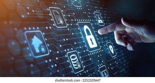 Cyber security, privacy and data storage protection. Document management system with password and encryption. Encrypted files on computer or server. Finger touching lock icon on electronic circuit.