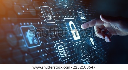 Cyber security, privacy and data storage protection. Document management system with password and encryption. Encrypted files on computer or server. Finger touching lock icon on electronic circuit.