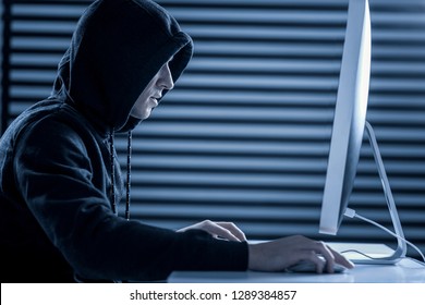 Cyber Security. Professional Male Hacker Sitting In Front Of The Computer While Stealing Important Information