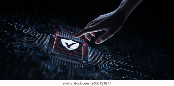 Cyber Security Protecting Systems and Data from Digital Threats Illustrated on a Processor Touched by a Human Hand.