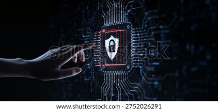 Cyber Security Protecting Systems and Data from Digital Threats Illustrated on a Processor Touched by a Human Hand.