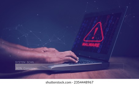 Cyber security and protection concept, Programmer scanning for computer virus or malware found on laptop computer, Prevention of destruction or theft of information in computer network systems.