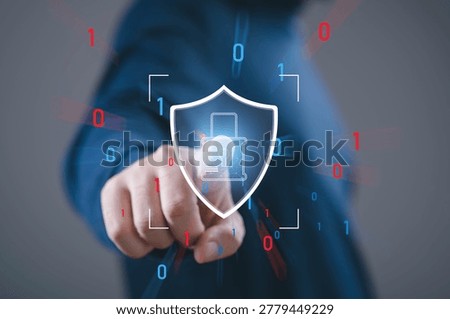 Cyber security protection concept with shield and lock icon, hand pointing digital interface, data encryption, privacy protection, network security, cybersecurity defense and secure information system