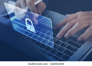 Cyber Security Protection Firewall Interface Concept. Software technology development, digital crime. Man working on laptop computer, antivirus alert, malware detected, Hacker hacking business data