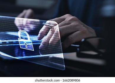 Cyber Security Protection Firewall Interface Concept. Software Technology Development, Digital Crime. Man Working On Laptop Computer, Antivirus Alert, Malware Detected, Hacker Hacking Business Data