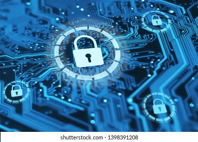 Cyber security and protection of private information and data concept. Locks on blue integrated circuit. Firewall from hacker attack.