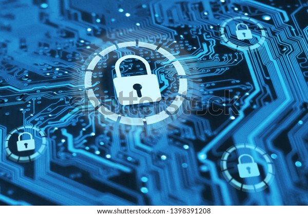 Cyber security and protection of private\
information and data concept. Locks on blue integrated circuit.\
Firewall from hacker\
attack.