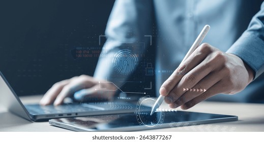 Cyber security system concept. Secure information network. Cybersecurity protection. Internet privacy policy. Cyber crime. Security system A person is using a tablet to write on a screen.