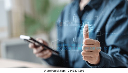 Cyber security system concept. Secure information network. Cybersecurity protection. Internet privacy policy. Cyber crime. Security system. A person is giving a thumbs up sign.