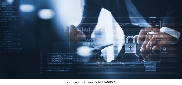 Cyber security system, data protection, digital technology. Businessman working on laptop computer with digital padlock and cyber security network, data encryption