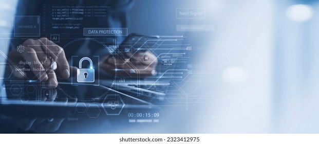 Cyber security system, data protection, digital technology. Computer programmer using modern computer with digital padlock and cyber security network, data encryption