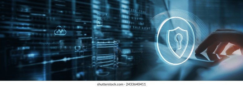 Cyber security system and data protection concept. Man using fingerprint scanning access data with data center as background, biometric identity, data encryption for network security of cyber attack - Powered by Shutterstock