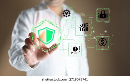 Cyber security system and data protection. Touch glowing shield emblem on screen. Protecting digital information with artificial intelligence security, data encryption for network security.
