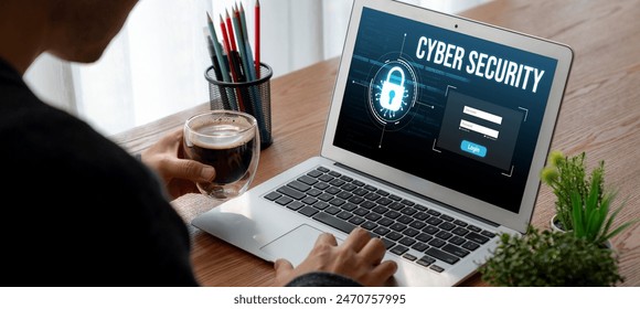Cyber security system on computer screen protect private information snugly from hacker and cyber attack