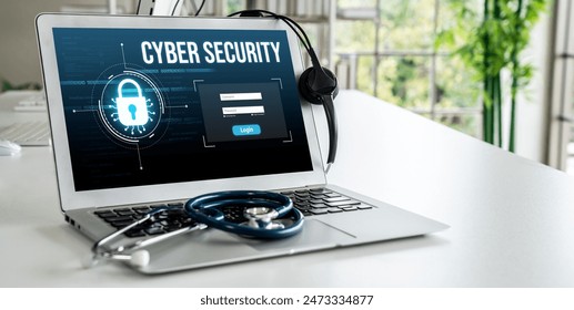 Cyber security system on computer screen protect private information snugly from hacker and cyber attack