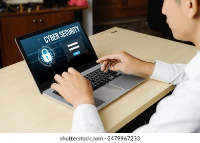 Cyber security system on computer screen protect private information snugly from hacker and cyber attack