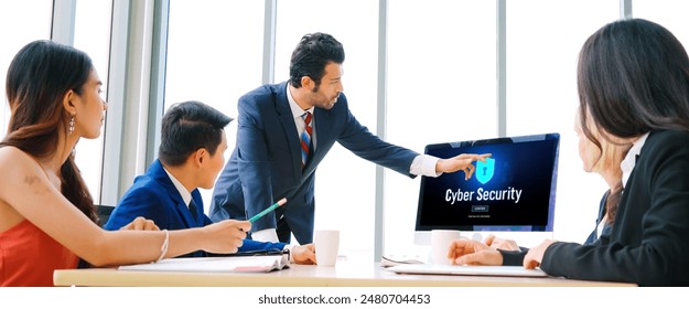 Cyber security system on computer screen protect private information snugly from hacker and cyber attack