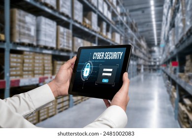 Cyber security system on computer screen protect private information snugly from hacker and cyber attack