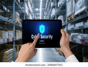 Cyber security system on computer screen protect private information snugly from hacker and cyber attack